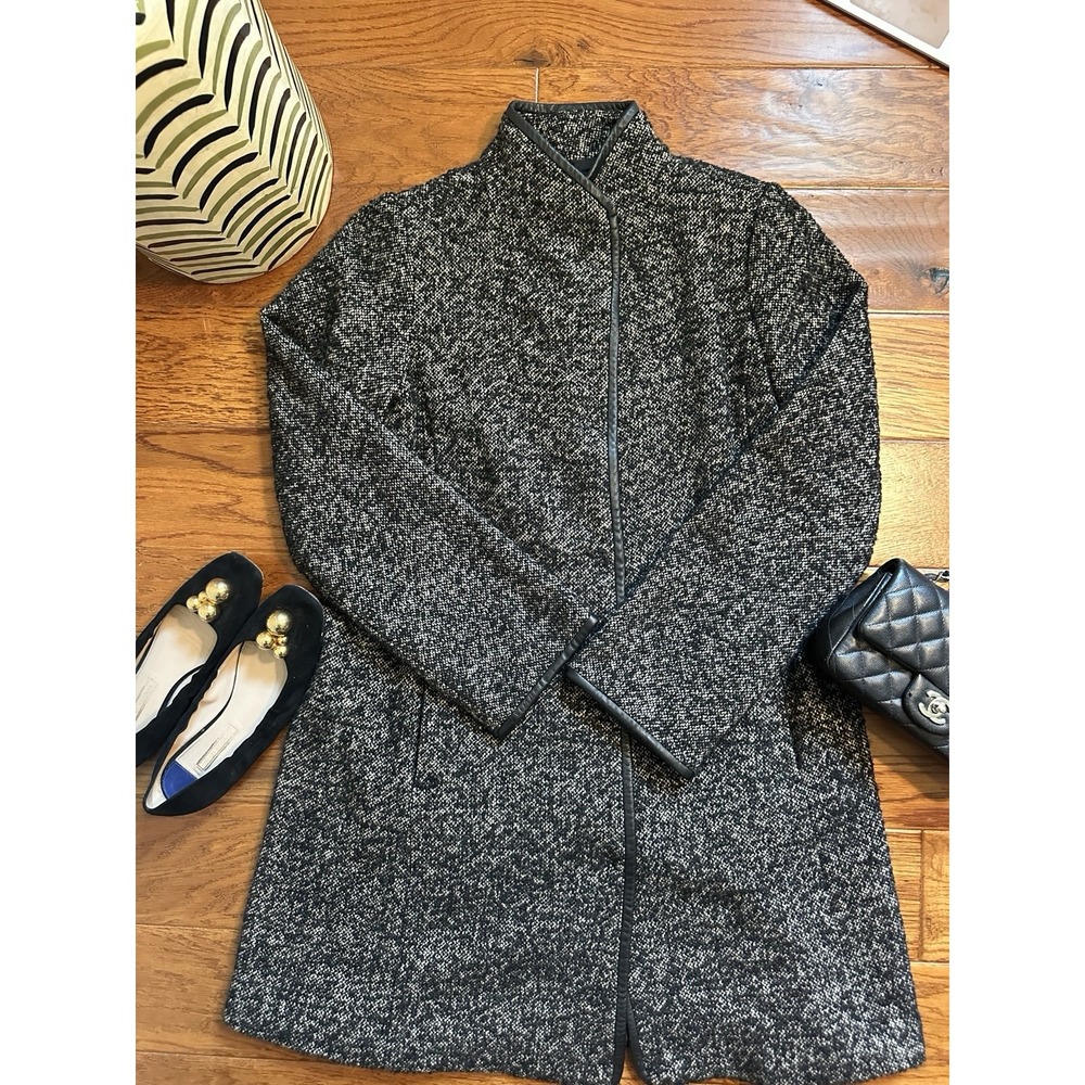 Eileen Fisher Womens M Wool Tweed Coat Leather Trim Italian Fabric Black Brown